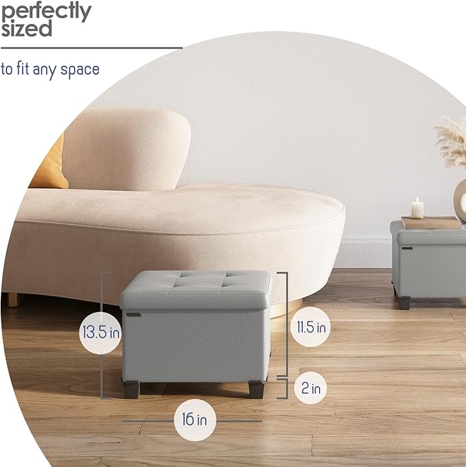 STORAGEBUD Storage Ottoman Cube with Small Bin, 16-in Square Ottoman with Storage for Living Room and Bedroom, Small Ottomans Foot Rest, Faux Leather Foot Stools Ottomans Max 330lbs, Light Grey