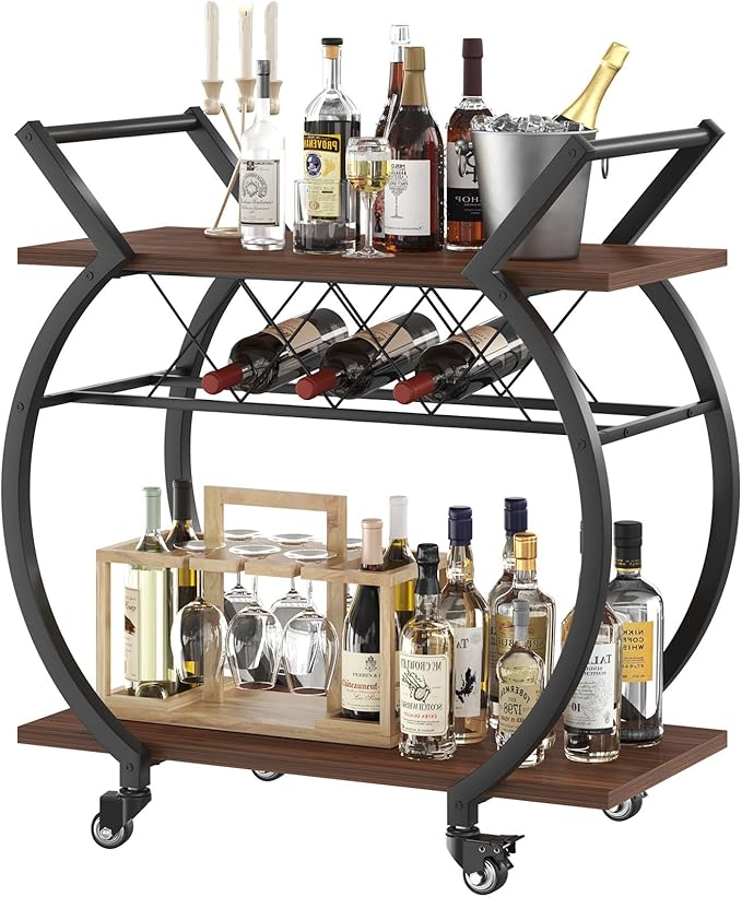 LVB Modern Gold Bar Cart, Industrial Rolling Serving Wine Cart with Wine Rack, Coffee Liquor Drink Cart with Storage and Wheels, Wood and Metal Kitchen Microwave Beverage Cart for Home, Walnut