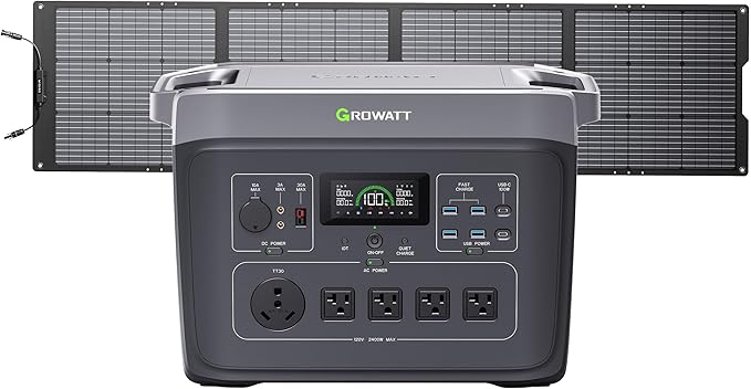 GROWATT Portable Power Station with 200W Solar Panel，Black Infinity 2000 Electric Solar Generatorï¼?048Wh LifePO4 Battery, 2200W AC Output for Home Use, Outdoor Camping, RVs and Emergency Backup
