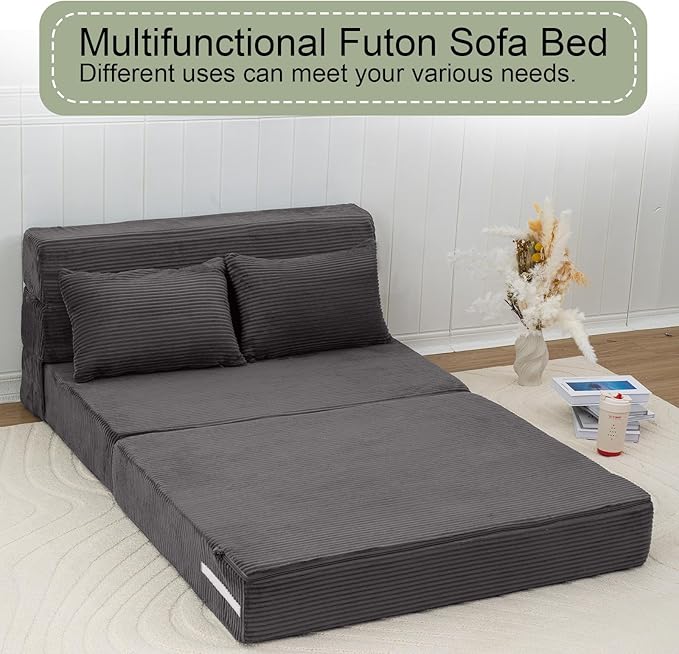 MeMoreCool Boneless Folding Sofa Bed – Corduroy 4-in-1 Convertible Futon Chair, Compact Floor Sleeper with Foam & Washable Cover, 1200 lb Capacity Couch Bed for Small Rooms, Dorms, Apartments