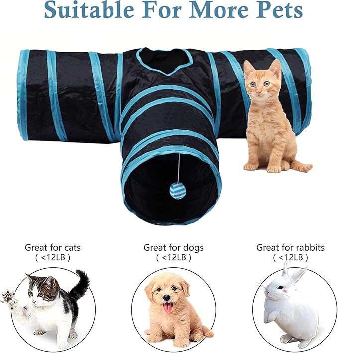 Cat Tunnel Tube, Long Collapsible Tunnels Indoor with Peek Hole, 2pack S-Shaped & 3Way Tubes Maze Play Toy Black for Cat Kitten Kitty Rabbit