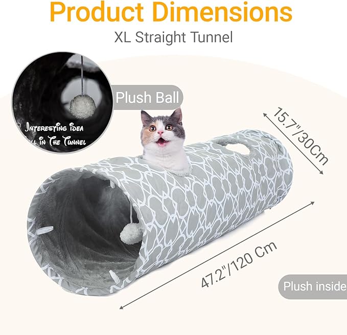 LUCKITTY Geometric Straight Cat Tunnel with Plush Inside,Cats Toys Collapsible Tunnel Tube with Balls, for Rabbits, Kittens, Ferrets,Puppy,Diameter 11.8 Inch
