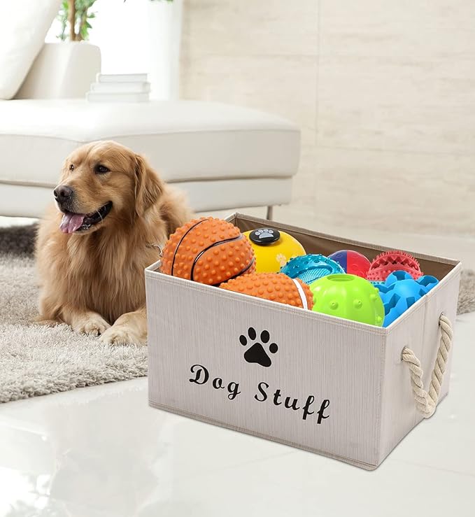 Geyecete Large Fabric Storage Bins Organizer with Weave Rope Handle, Collapsible Cube Basket Container Box for Dog Apparel & Accessories,Dog Coats,Dog Toys Gift Baskets-Beige