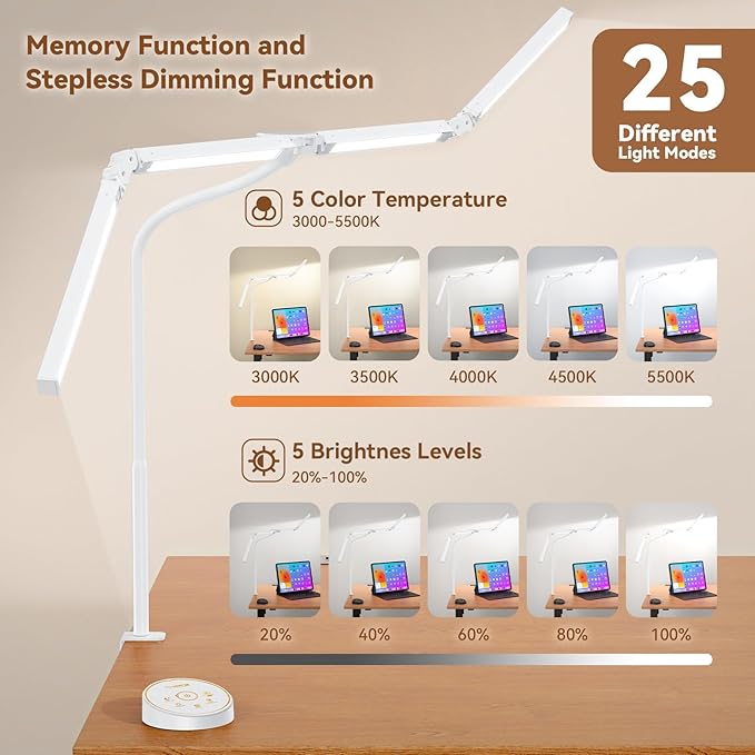 Led Desk Lamp with Clamp: Architect Desk Lamp for Home Office, Eye Caring Double Head Computer Monitor Work Desk Light with Remote Control - 24W Flexible Dimmable Desktop Table Lamp White