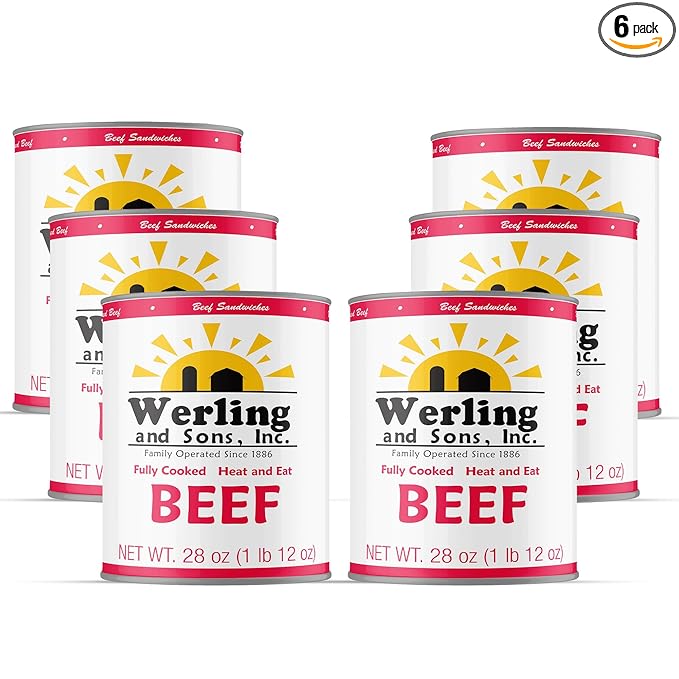 Werling Meats Canned Beef 28 Oz Fully Cooked, Heat & Eat | Shelf Stable Canned Meat for Pantry Staples, Everyday Meals, Camping, Hiking, Emergency & Survival | 5-Year Shelf Life | Made in USA | 6 Pack