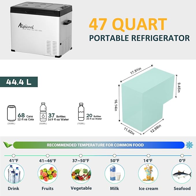 Alpicool C50 Portable Refrigerator 47 Quart(44.4Liter) 12 Volt Car Freezer for Vehicle, Truck, RV, Boat, Mini Fridge Freezer for Travel, Outdoor, Home -12/24V DC and 110-240V AC (Black and Silver)