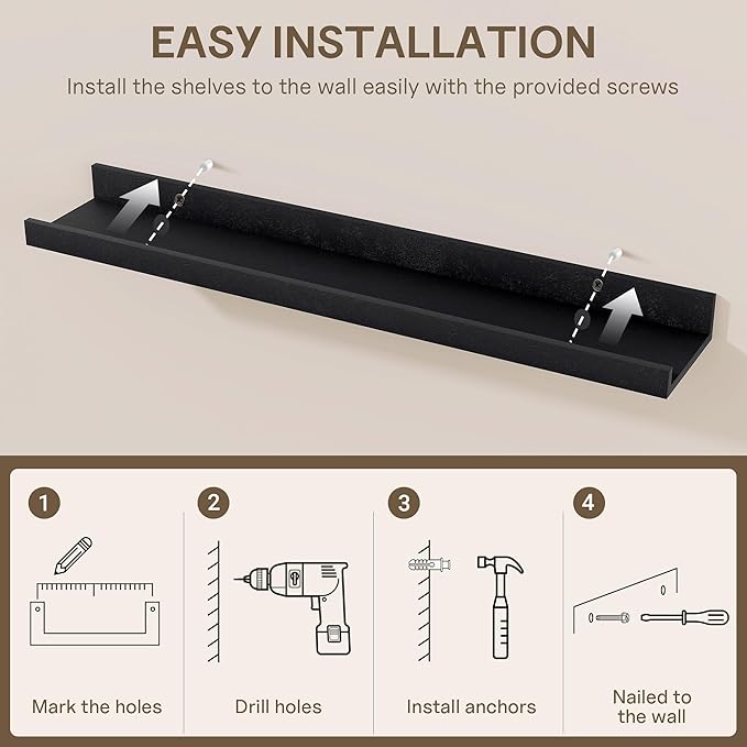 Fun Memories Long Wall Shelves Set of 2-72 Inch Floating Shelves for Wall - Picture Ledge Shelf with Lip for Storage - Wall - Mounted Shelves for Bedroom - Living Room - Kitchen - Black Color