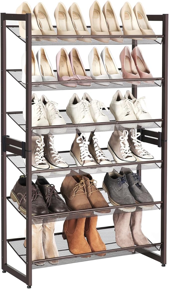 SONGMICS Shoe Rack, 6-Tier Shoe Organizer, Metal Rack for Garage, Set of 2, 3-Tier Stackable Shelf, with Adjustable Flat or Angled Shelves, 18-24 Pairs, Bronze ULMR03A-2
