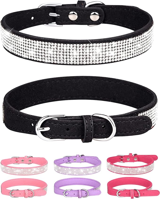Bling Dog Collar for Small Medium Large Dogs, Rhinestone Dog Collars for Girl and boy Dog, Diamond Puppy Collars, Adjustable Leather Suede SOFE Cat Collar (L(15"-18.1"/38CM-46CM), Black1)