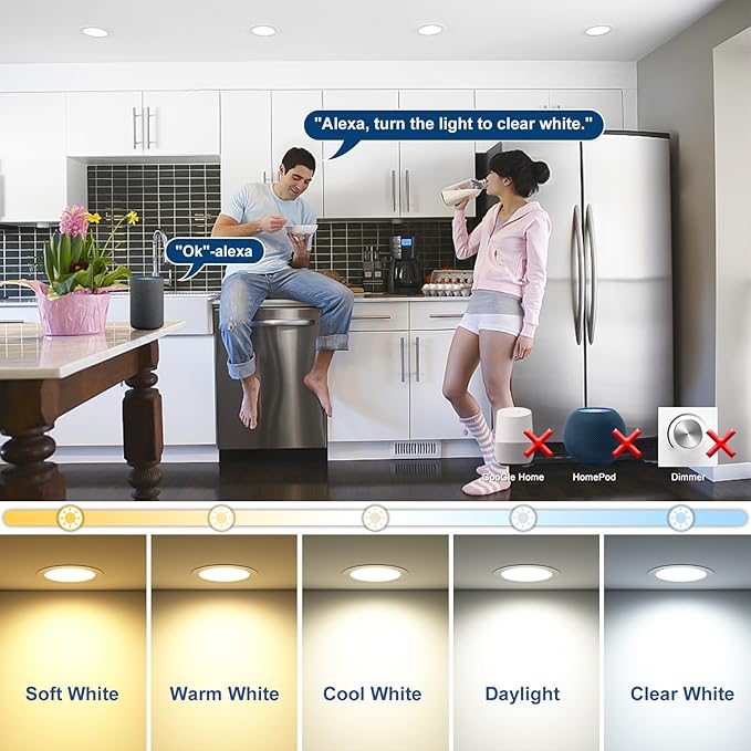 Smart Recessed Lighting 6 Inch Canless LED Recessed Ceiling Light with Junction Box work with Alexa, 2700K~6000K 5CCT Selectable,16W 1350LM High Brightness Wafer Downlight Dimming by Bluetooth-12Pack