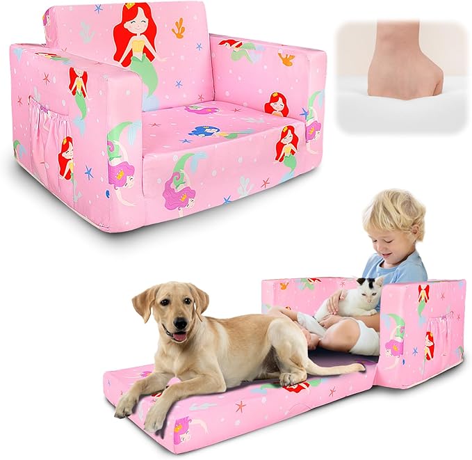 Kids Couch, 2-in-1 Kids Fold Out Sofa, Convertible Toddler Couch to Lounger for Girls and Boys, Soft Toddler Chairs Comfy 1-3 Years Old(Mermaid)