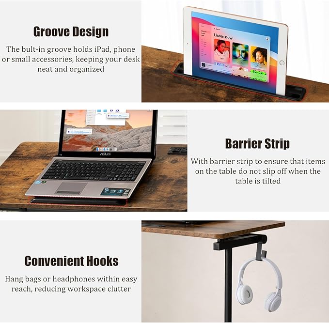 SIDUCAL Standing Desk Height Adjustable with Tiltable Tabletop, Rolling Laptop Desk with Charging Station, Sit Stand Portable Stand Up Desk with Wheels, Rustic Brown