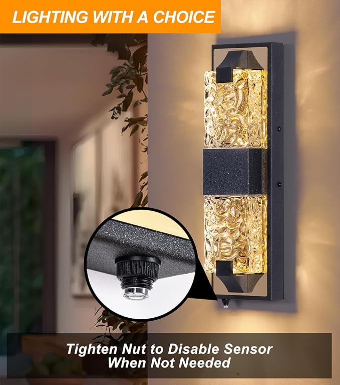 HITTO Porch Lights Outdoor, Dusk to Dawn Outdoor Lighting 15.6'' Outdoor Wall Sconce, IP65 Waterproof LED Exterior Lamp, Ripple Crystal Glass, Black&Gold Modern Porch Light for House Front Door 1 Pack