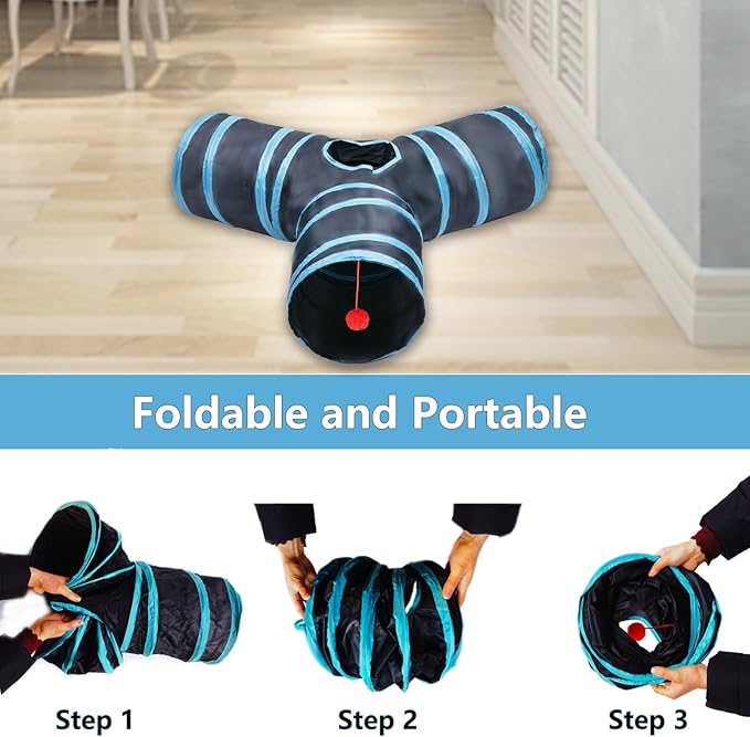 Cat Tunnel Tube Toys，Tunnels for Indoor Cats, 3 Way Blue Collapsible Interactive Toy with Balls for Rabbits, Kittens, Ferrets, Puppy