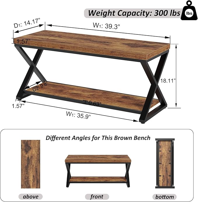 IBF Wooden Bench Indoor, Wood Entry Way Bench with Shoe Storage Rack for Entryway, Industrial Entryway Bench Seat for Foyer Bedroom Living Room Entrance Organization, Rustic Brown Oak, 39 Inch Long