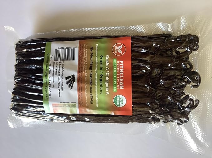 16oz Organic Vanilla Beans Grade A Madagascar Bourbon. Certified USDA Organic. Bulk 6"-8" for Extract, Baking and Cooking by FITNCLEAN VANILLA| 1 Pound (1 LB) Fresh NON-GMO Whole Gourmet Pods