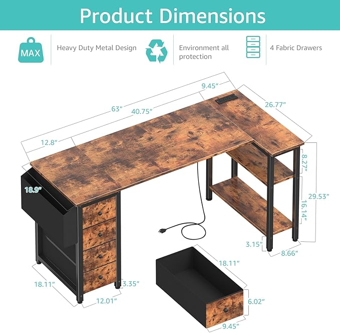Lufeiya L Shaped Computer Desk with Drawers & Storage Shelves, 63 Inch Corner Desk with Power Outlet for Home Office Bedroom, L-Shaped Teen PC Gaming Desks with Fabric Drawer, Rustic Brown