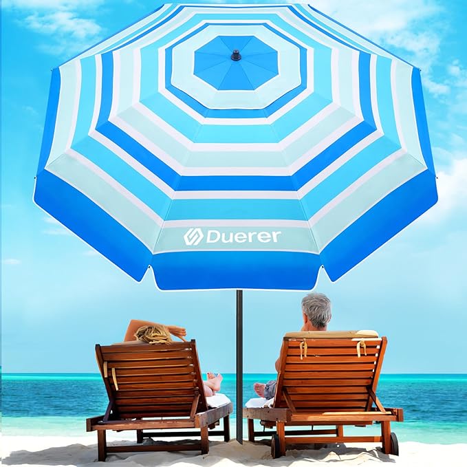 Duerer 8.5FT Beach Umbrella with Sand Anchor–Heavy Duty Windproof UPF 50+ Sun Shade, Portable Travel Beach Umbrella with Tilt & Carry Bag for Beach, Sand, Garden, Patio, Pool