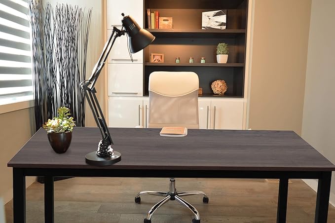 55 inch Large Computer Desk Wood, Modern Simple Style Desk for Home Office, Bedroom, Study Student Writing Desk, Small Spaces, Black Metal Frame, Walnut Top