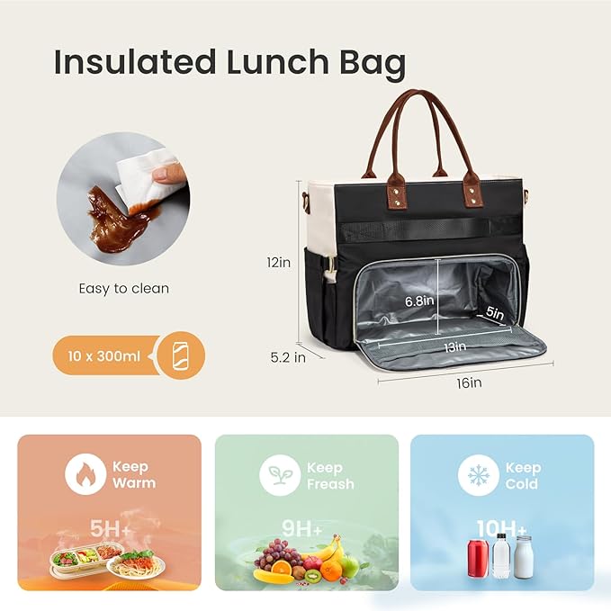 LOVEVOOK Insulated Lunch Bag, Large Capacity Tote with Lunch Compartment, Laptop Bag with Cup Holder, Work Bags for Women, Nurse Lunch Tote for Office, School, Picnic, 15.6 Inch Black-Beige-Brown
