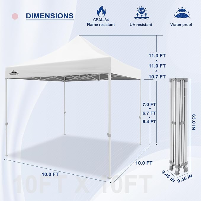 EAGLE PEAK 10x10 Heavy Duty Pop up Commercial Canopy Tent, Instant Marketplace Sun Shelter with Roller Bag and 4 Sandbags, White
