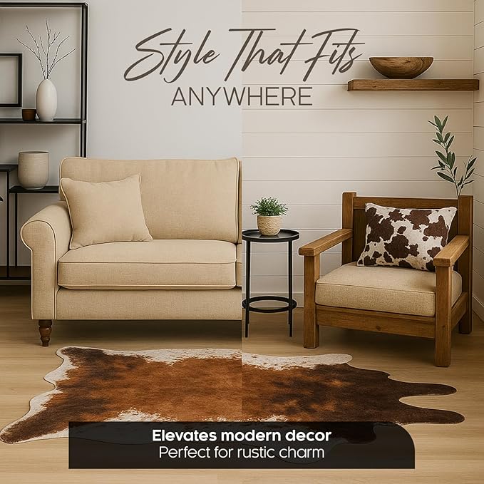 NativeSkins Faux Cowhide Rug 3'1" x 4'1" ??Brown Cow Print Area Rug for Living Room & Bedroom ??Non-Shedding, Flat-Lay, Pet-Friendly ??Faux Suede Grip Backing ??Vegan Western Farmhouse Decor