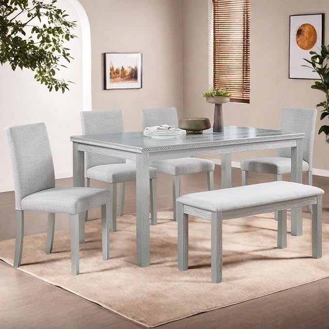 Dining Table Set for 5, 6 Piece Dining Room Table Set with Rectangular Crystal Decoration Table, 4 Upholstered Chairs and Bench, Counter Height Kitchen Sets with MDF Tabletop, Silver Gray