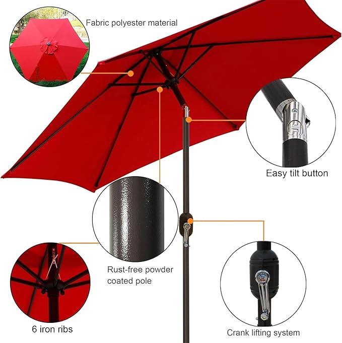 Blissun 7.5 ft Patio Umbrella, Yard Umbrella, Outdoor Market Umbrella with Push Button Tilt Crank (Red)