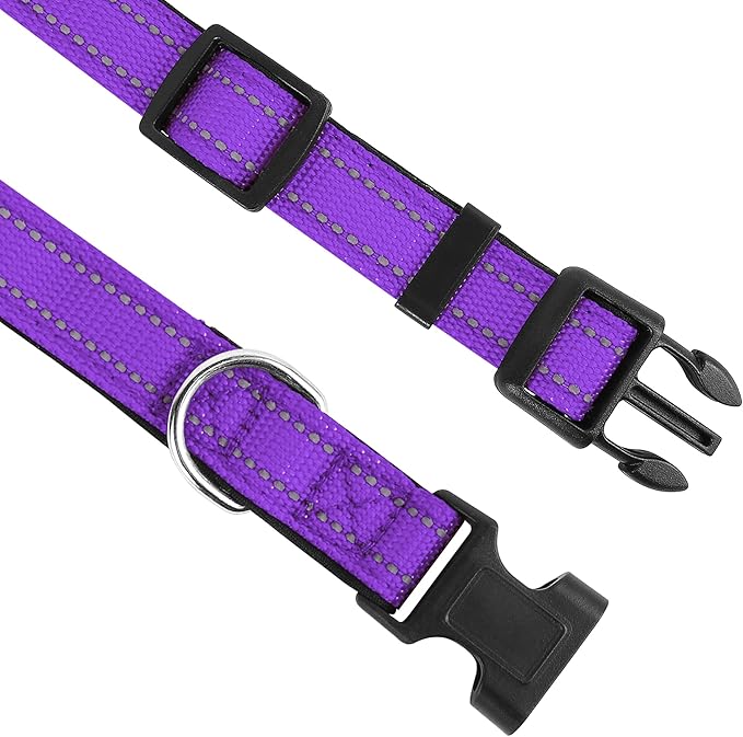 Reflective Dog Collar, Adjustable Soft Neoprene Padded Nylon Pet Collars with Buckle for Medium Dogs, Purple,M