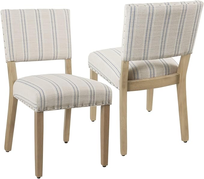Homepop Home Decor | Upholstered Dining Chairs | Dining Chairs Set of 2 with Nailhead Trim | Decorative Home Furniture, Blue and White Stripes