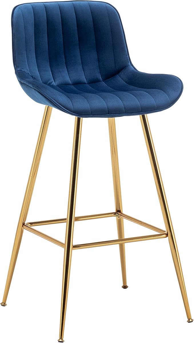 Sidanli Velvet Blue Bar Stools, 29 Inch Upholstered Island Stools with Footrests, Gold Bar Chairs for Home, Kitchen Island, Dining Room