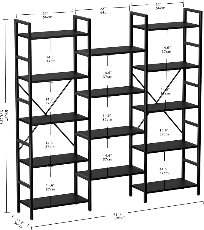 IRONCK Bookcases and Bookshelves Triple Wide 5 Tiers Industrial Bookshelf, Large Etagere Bookshelf Open Display Shelves with Metal Frame for Living Room Bedroom Home Office