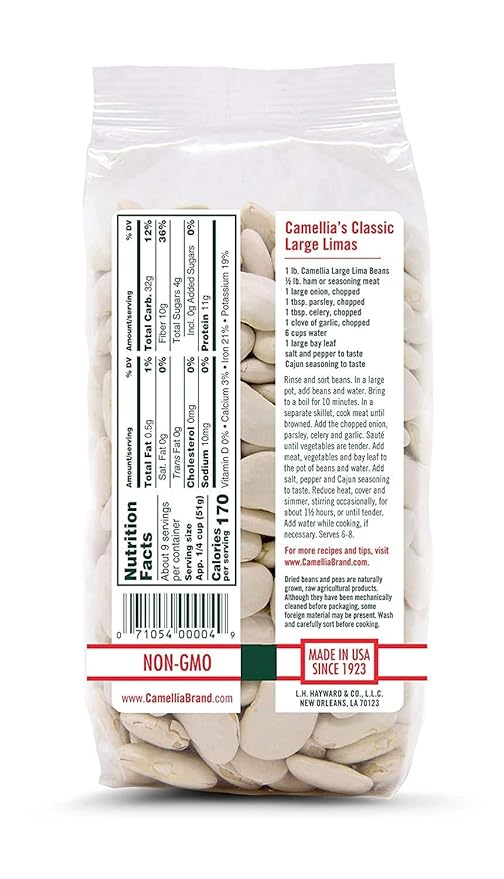 Camellia Brand Dried Large Lima Beans ??Premium White Butter Beans for Southern Cooking, Soups, Stews & Casseroles ??Non-GMO, Gluten-Free, Vegan, Vegetarian, High Protein, High Fiber, 1 Pound (Pack of 12)