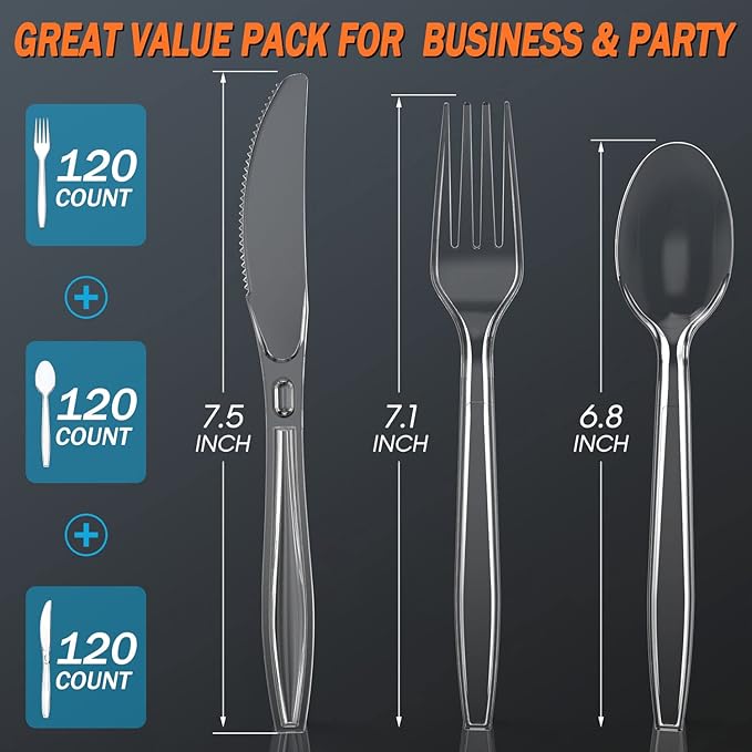 360 Count Plastic Silver Ware Heavy Duty, 120 Forks, 120 Spoons, 120 Knives, Heat Resistant & BPA Free Disposable SilverWare, Disposable Cutlery set, Premium Clear Utencils for Party Supply