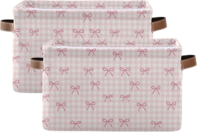 Wamika Pink Cherry Bow Storage Basket with Waterproof Liner and PU Handles Coquette Bowknot Storage Bins Boxes 14.2" Collapsible Decorative Organizer Baskets for Bedroom Closet Office 2 Pack