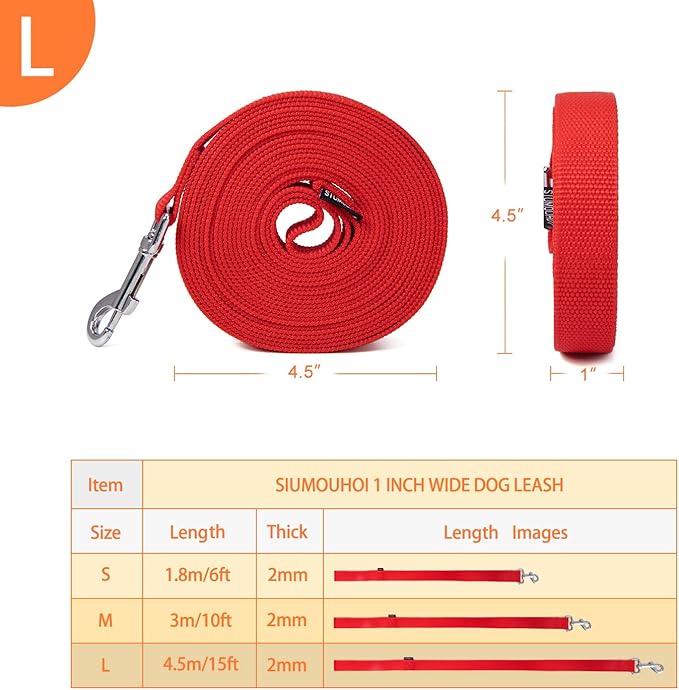Strong Durable Nylon Dog Training Leash, 1 Inch Wide Traction Rope, 6 ft 10ft 15ft Long, for Small and Medium Dog (Red, 15 Feet)