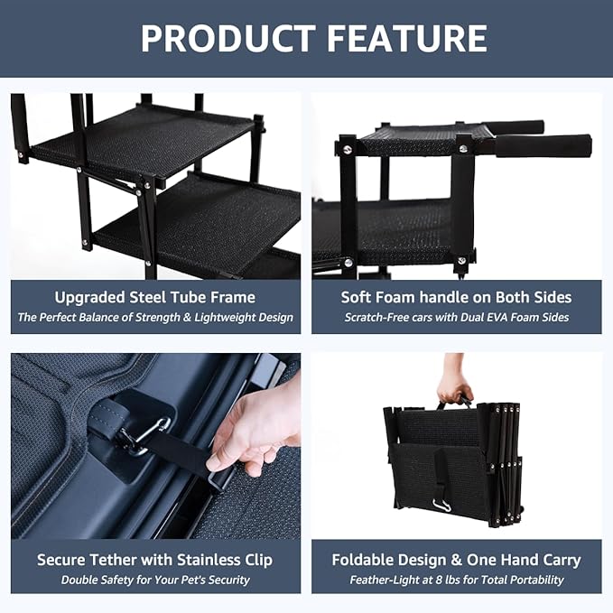 Foldable Dog Stairs for Large Dogs - Extra Wide Pet Ramp for Cars, SUV, Truck, Non-Slip Surface, Supports Up to 250 Lbs, 5 Steps
