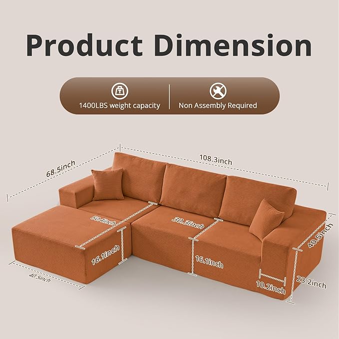 108" L-Shaped Boneless Couch, High Seat Modular Sectional Sofa with Moveable Ottoman, Corduroy Cloud Couches for Living Room, No Assembly, Ship in a Box, Orange