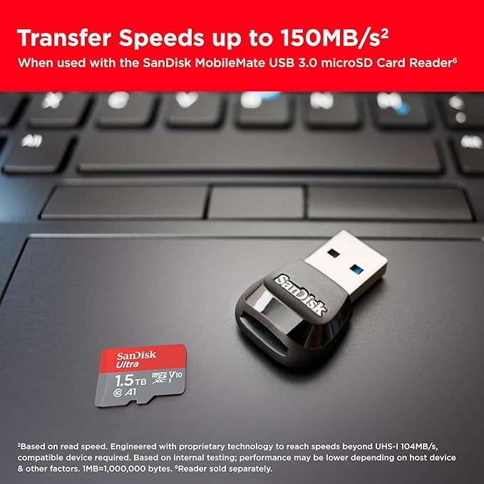 SanDisk 1.5TB Ultra microSDXC UHS-I Memory Card with Adapter - Up to 150MB/s, C10, U1, Full HD, A1, MicroSD Card - SDSQUAC-1T50-GN6MA
