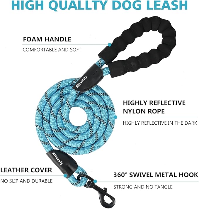 Rttochfy Rope Dog Leash 2/4/5/6/8/10 FT with Comfortable Padded Handle and Highly Reflective Threads for Small Medium and Large Dogs Heavy Duty (1/2"-10 FT, Blue)