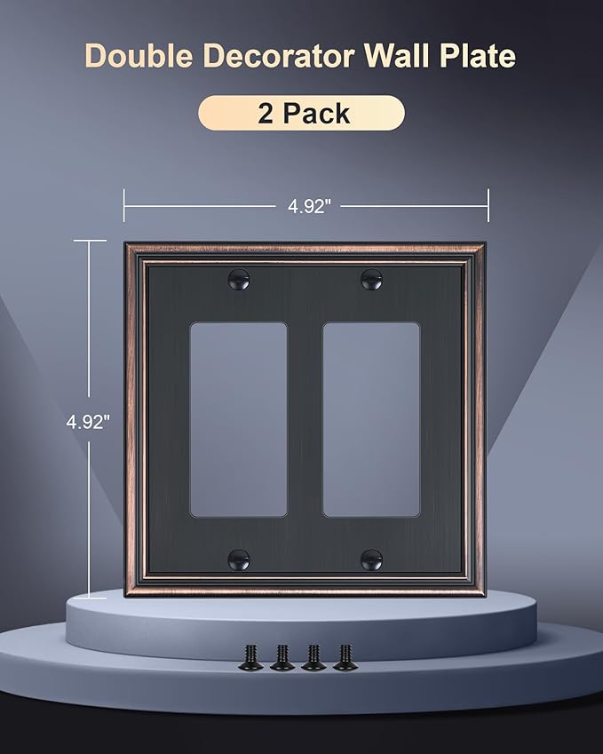 2-Pack Decorative Double Decorator Outlet Cover Plate, Durable Zinc Alloy Aged Bronze Wall Plates for Electrical Outlets, Receptacle, GFCI Outlet, Dimmer Switch, 2-Gang, Corrosion Resistant