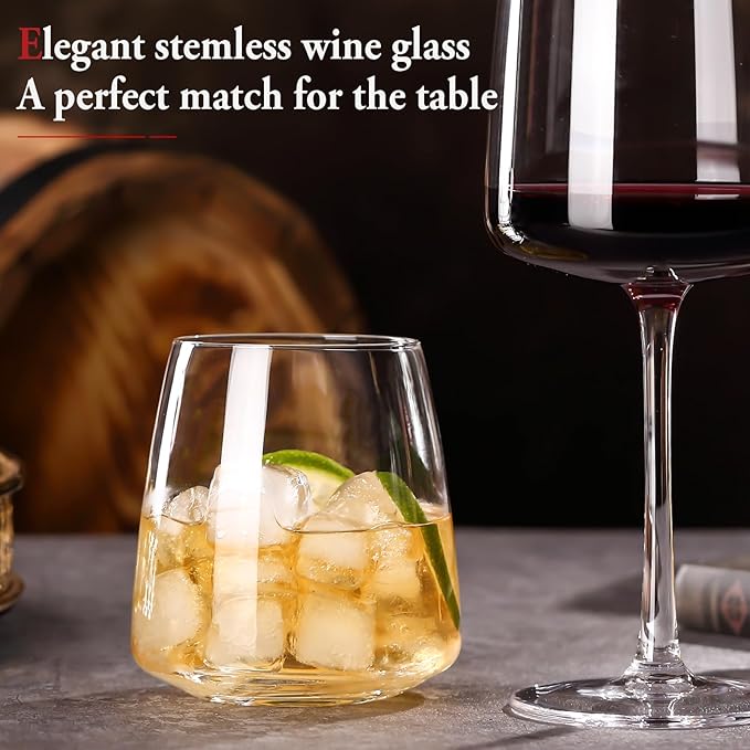 Stemless Wine Glasses Set of 4-14.5oz Hand Blown Heavy Red White Wine Glasses Unique gifts for him/her wedding, birthday, Mother's/father's day, anniversary