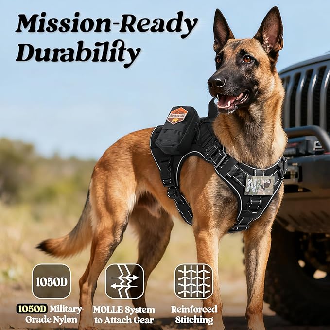 rabbitgoo Tactical Dog Harness for Large Dogs, No Pull Upgraded Reflective Heavy Duty Molle Vest with Handle, Adjustable Military Service Dog Vest for Walking Hiking Training, Black, L