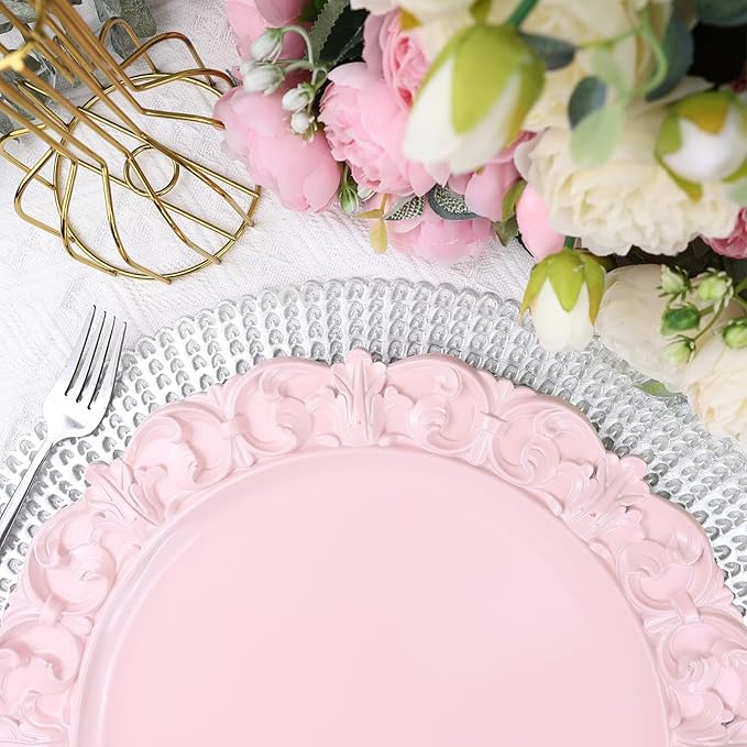 13" Pink Charger Plates, Set of 6 Plastic Textured Chargers for Dinner Plates with Embossed Rim, Table Décor, Party, Wedding, Holiday