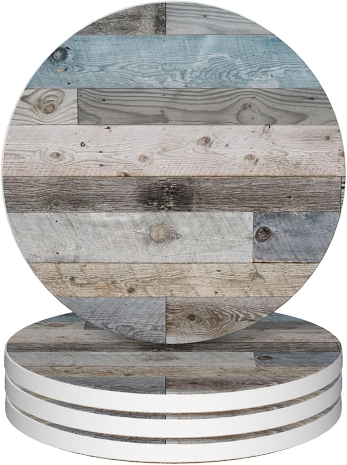 Drinks Coasters Set of 4, Woodboard Round 4" Cup Coasters, Absorbent Ceramic Stone Coasters with Cork Base, Cute Coasters for Table Home Décor, Ideal Gifts for Women Men