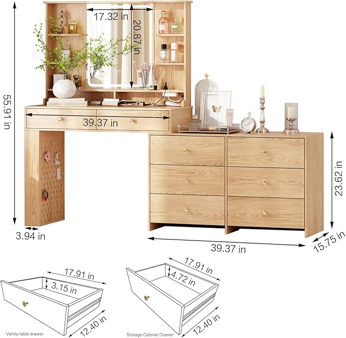 Large Makeup Vanity Desk with Mirror and Lights, Vanity Desk with 8 Drawers & Storage Shelves, Vanity Table with Power Outlet, 3 Color Modes & Adjustable Brightness Dressing Table, Bedroom,Oak