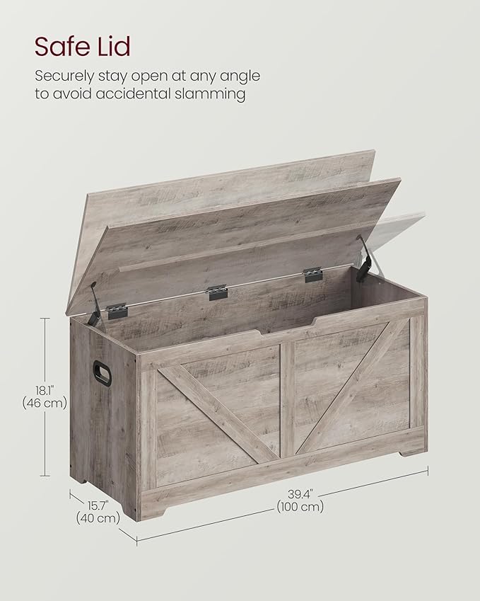 VASAGLE Storage Chest, Storage Trunk with 2 Safety Hinges, Storage Bench, Shoe Bench, Farmhouse Style, 15.7 x 39.4 x 18.1 Inches, for Entryway, Bedroom, Living Room, Heather Greige ULSB060K03