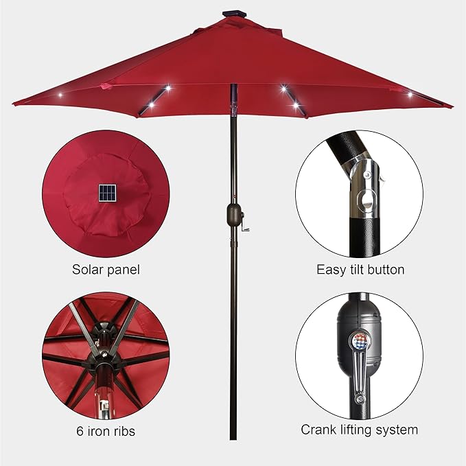Blissun 7.5 ft Solar Umbrella, 18 LED Lighted Patio Umbrella, Table Market Umbrella