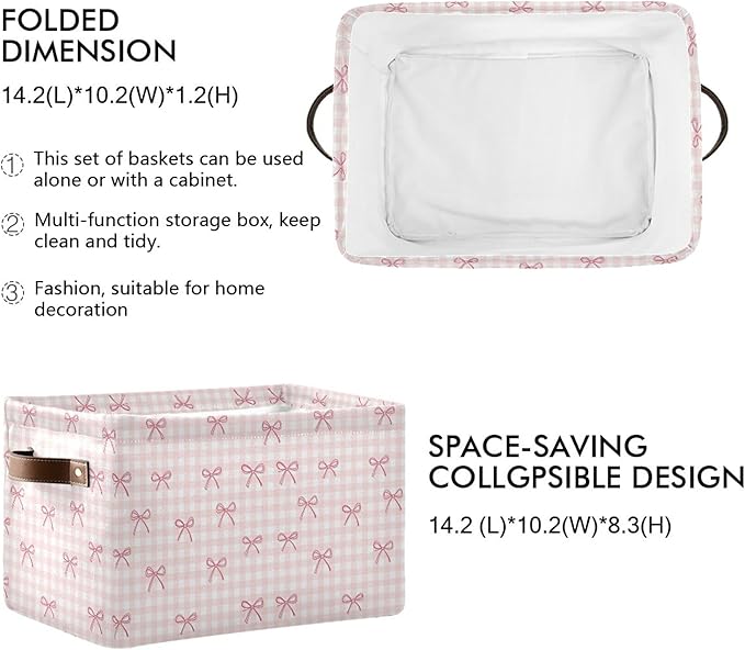 Wamika Pink Cherry Bow Storage Basket with Waterproof Liner and PU Handles Coquette Bowknot Storage Bins Boxes 14.2" Collapsible Decorative Organizer Baskets for Bedroom Closet Office 2 Pack