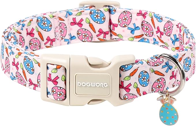 DOGWONG Easter Dog Collar-Cute Pink Easter Egg Dog Collar, Easter Cattot Collars Puppy Collar Gifts with Quick Release Buckle for Girl&Female Dogs,L